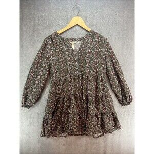 EUC Matilda Jane Womens Floral Long‎ Sleeve Tunic Top S Green Red V-Neck Pockets